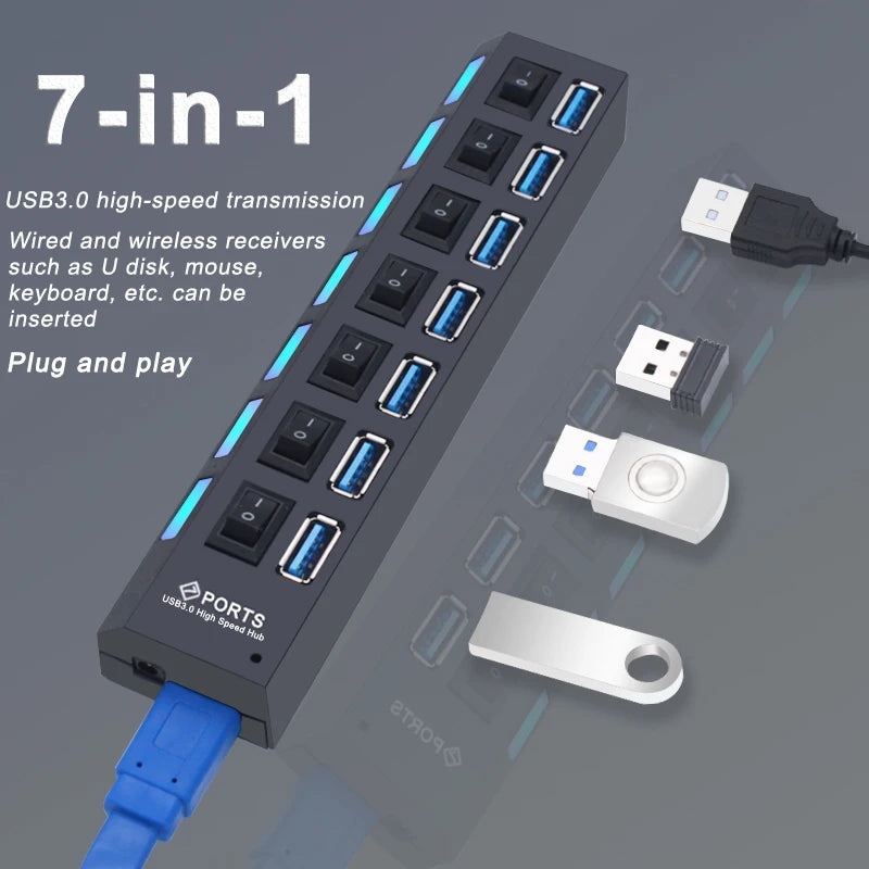 USB 3.0 Hub – 4 or 7 Port Splitter with Switches