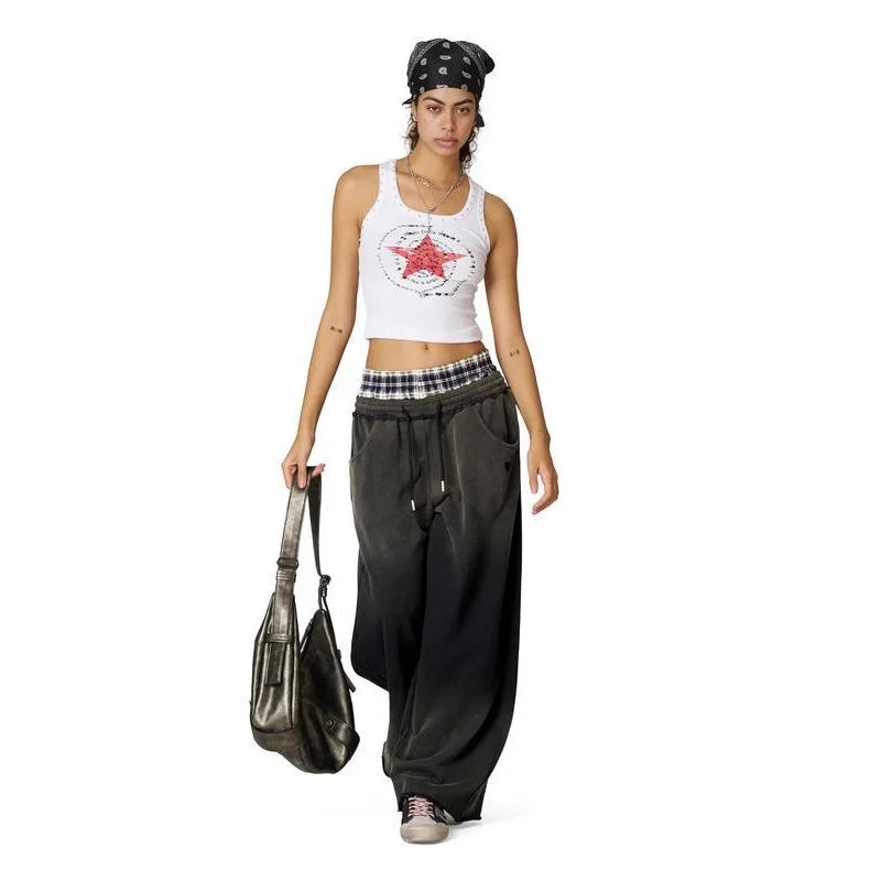 Unisex Plaid Patchwork Low Rise Straight Leg Trousers