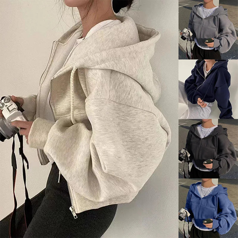 Women's Zip-Up Cropped Hooded Sweatshirt