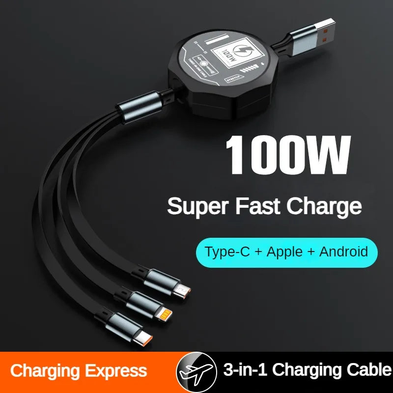3-in-1 Retractable 100W USB Charging Cable