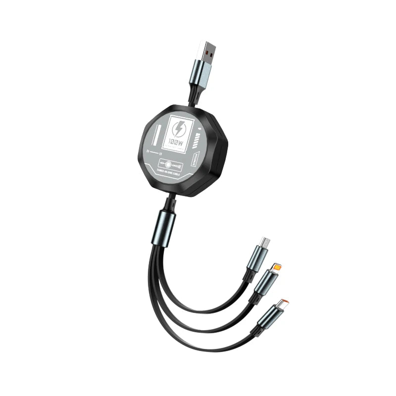 3-in-1 Retractable 100W USB Charging Cable