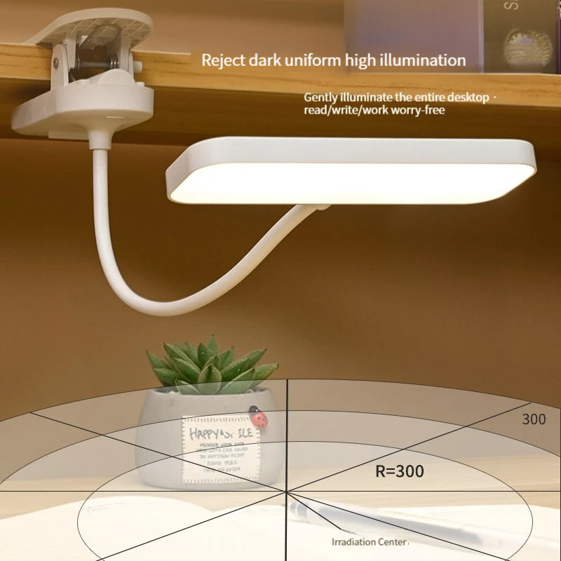 LED Clip-On Desk Lamp, USB Rechargeable & Dimmable