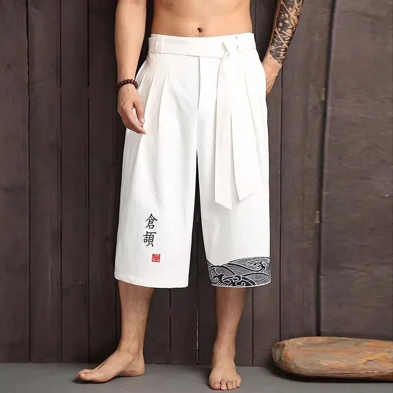 Men's Japanese Linen Kimono Cropped Pants