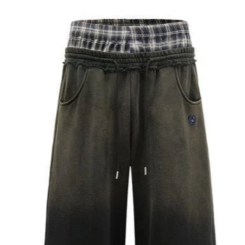 Unisex Plaid Patchwork Low Rise Straight Leg Trousers