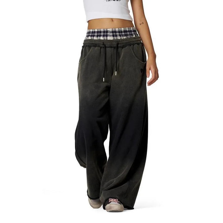 Unisex Plaid Patchwork Low Rise Straight Leg Trousers