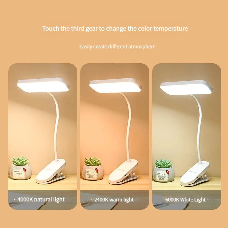 LED Clip-On Desk Lamp, USB Rechargeable & Dimmable