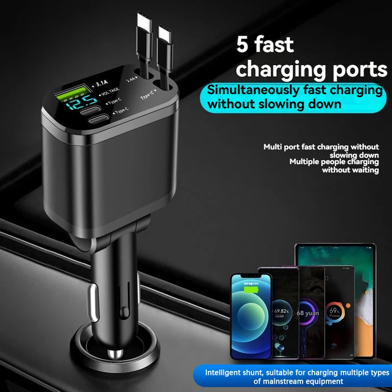5-in-1 Car Charger with Retractable Cable