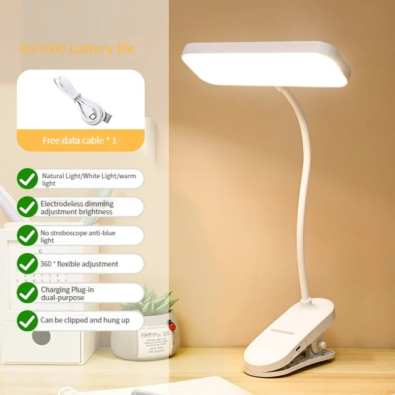 LED Clip-On Desk Lamp, USB Rechargeable & Dimmable