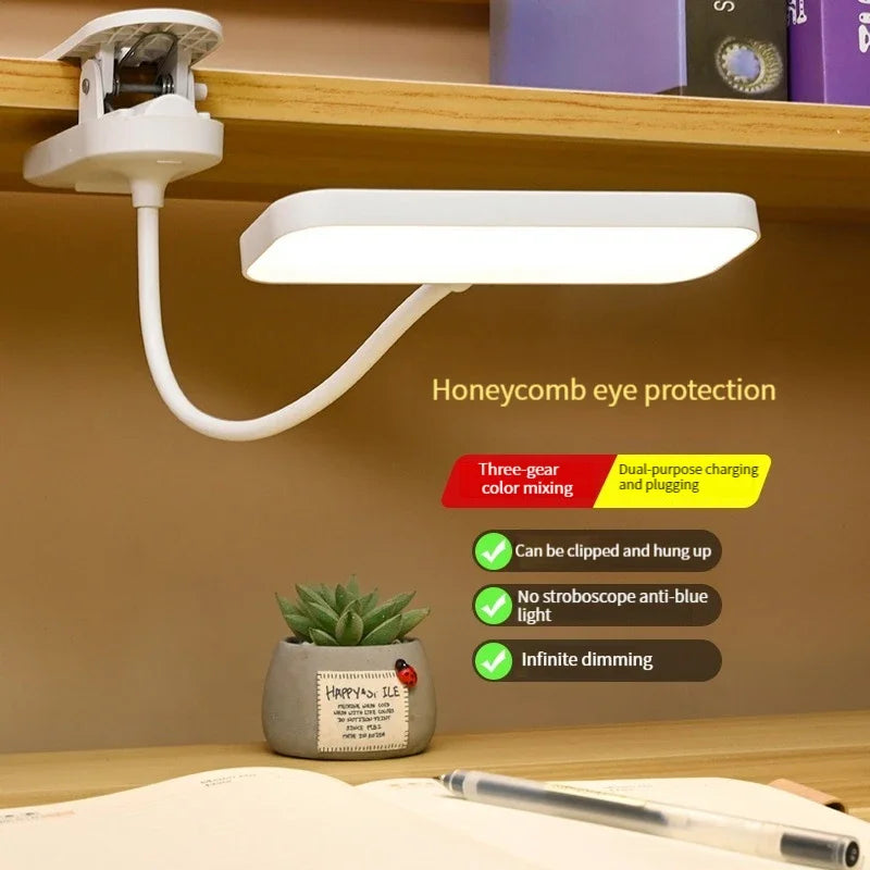 LED Clip-On Desk Lamp, USB Rechargeable & Dimmable