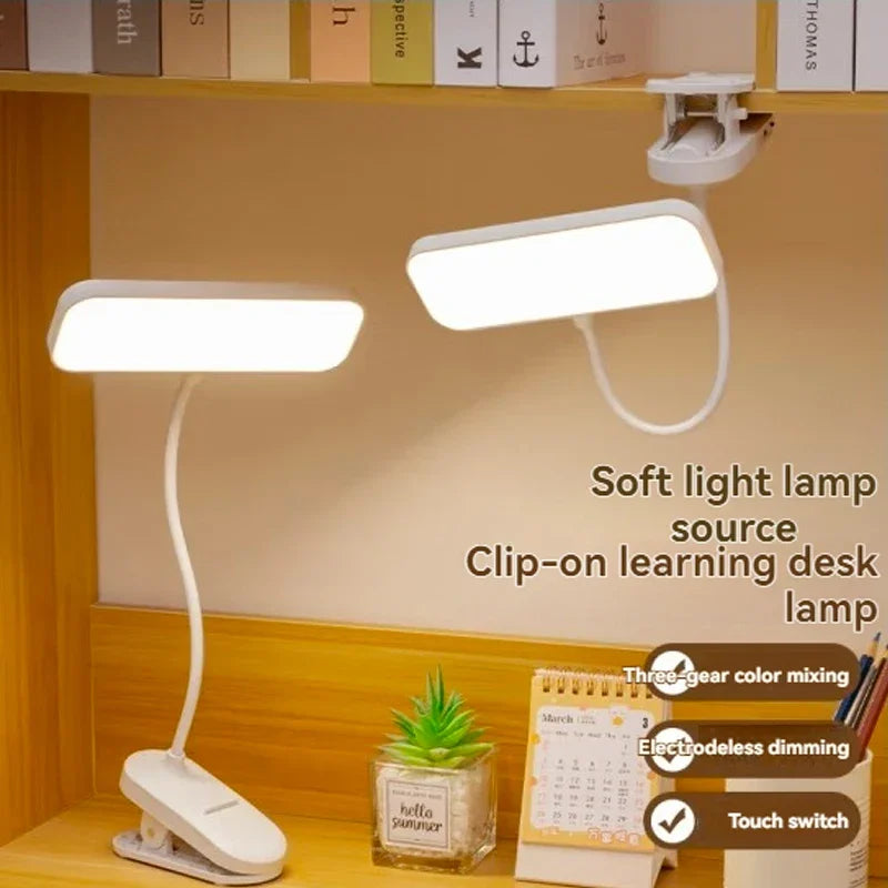 LED Clip-On Desk Lamp, USB Rechargeable & Dimmable