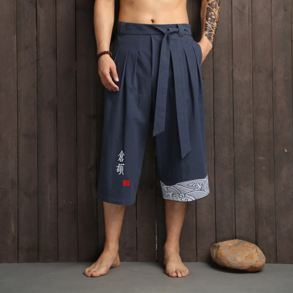Men's Japanese Linen Kimono Cropped Pants