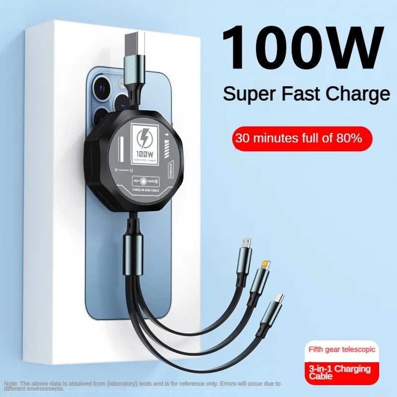 3-in-1 Retractable 100W USB Charging Cable