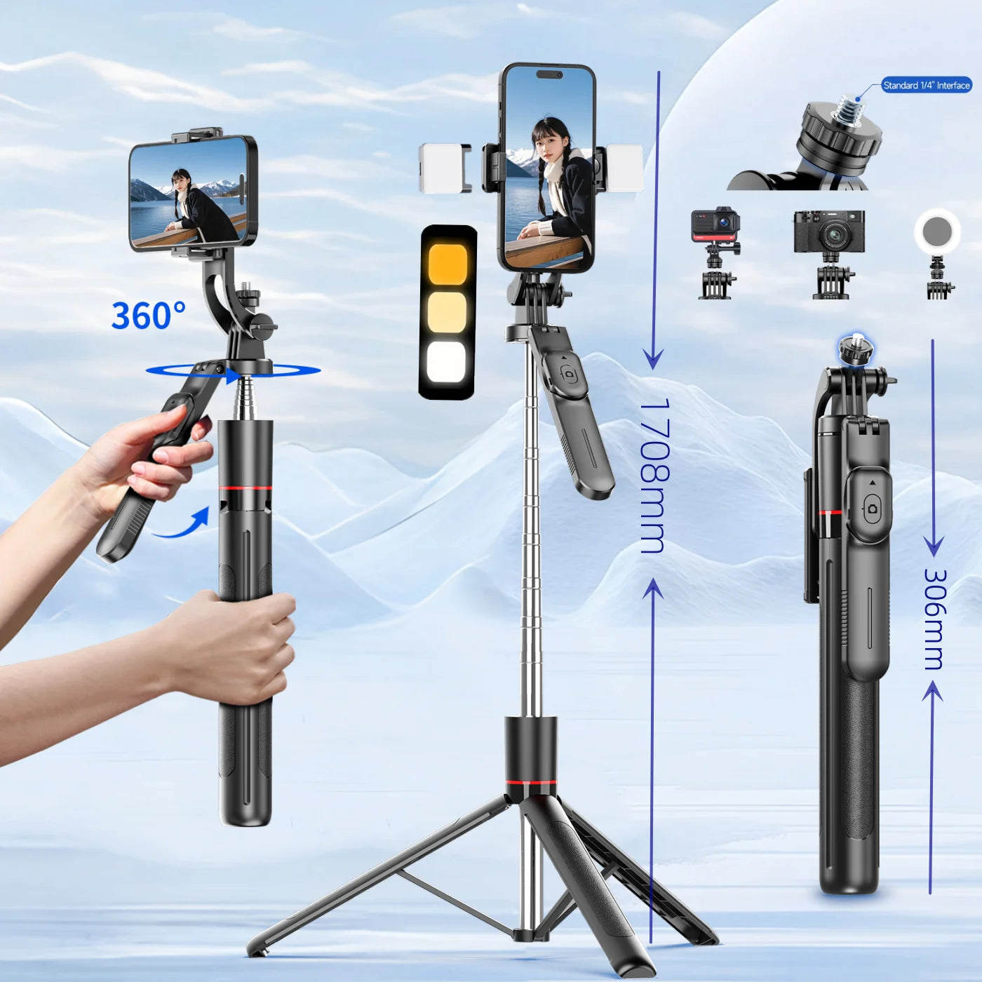 MEUYAG Selfie Stick Tripod with Fill Light & Remote